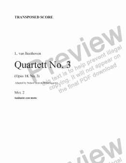 page one of Beethoven String Quartet No. 3 (Mvt. 2) Transp. score