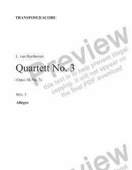 page one of Beethoven String Quartet No. 3 (Mvt. 3) Transp. score