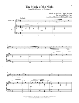 page one of The Music of the Night (from The Phantom of the Opera) (Clarinet and Piano)
