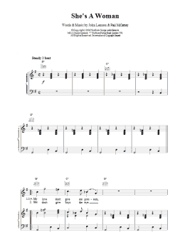 page one of She's A Woman (Piano, Vocal & Guitar Chords)