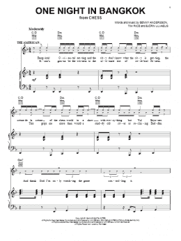 page one of One Night In Bangkok (Piano, Vocal & Guitar Chords (Right-Hand Melody))