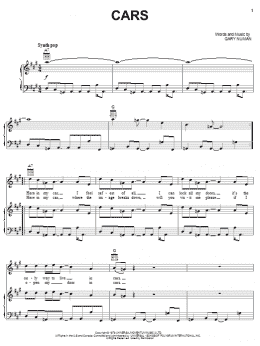 page one of Cars (Piano, Vocal & Guitar Chords (Right-Hand Melody))