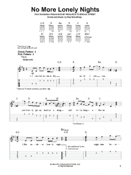 page one of No More Lonely Nights (Easy Guitar Tab)