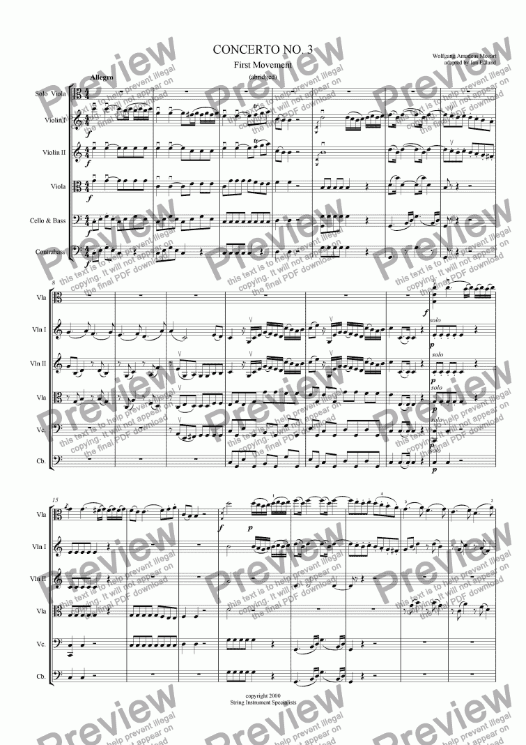 page one of Concerto #3 for Viola and Strings