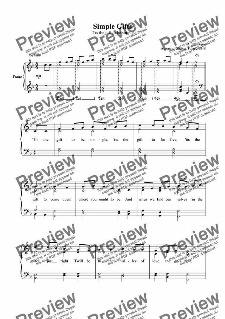 page one of "Simple Gifts" Shaker Tune -Download Sheet Music Piano/Vocal