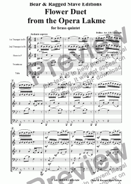 page one of Flower Duet from the opera Lakme  for brass quintet
