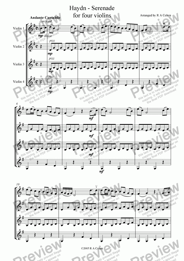 page one of Haydn - SERENADE - for violin quartet