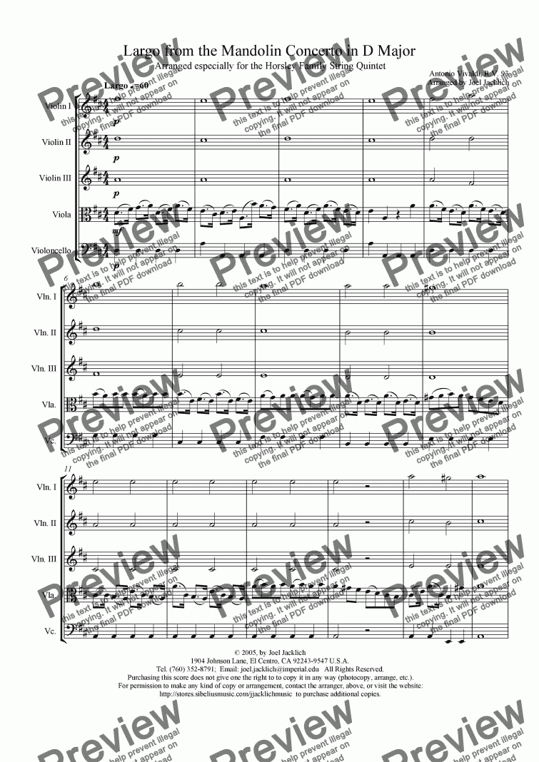 page one of Largo from the Mandolin Concerto in D Major, R.V. 93 (String Quintet - 3 Violins, Viola, Cello)