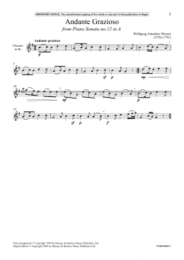 page one of Andante Grazioso (from Piano Sonata No.12 In A) (Clarinet and Piano)