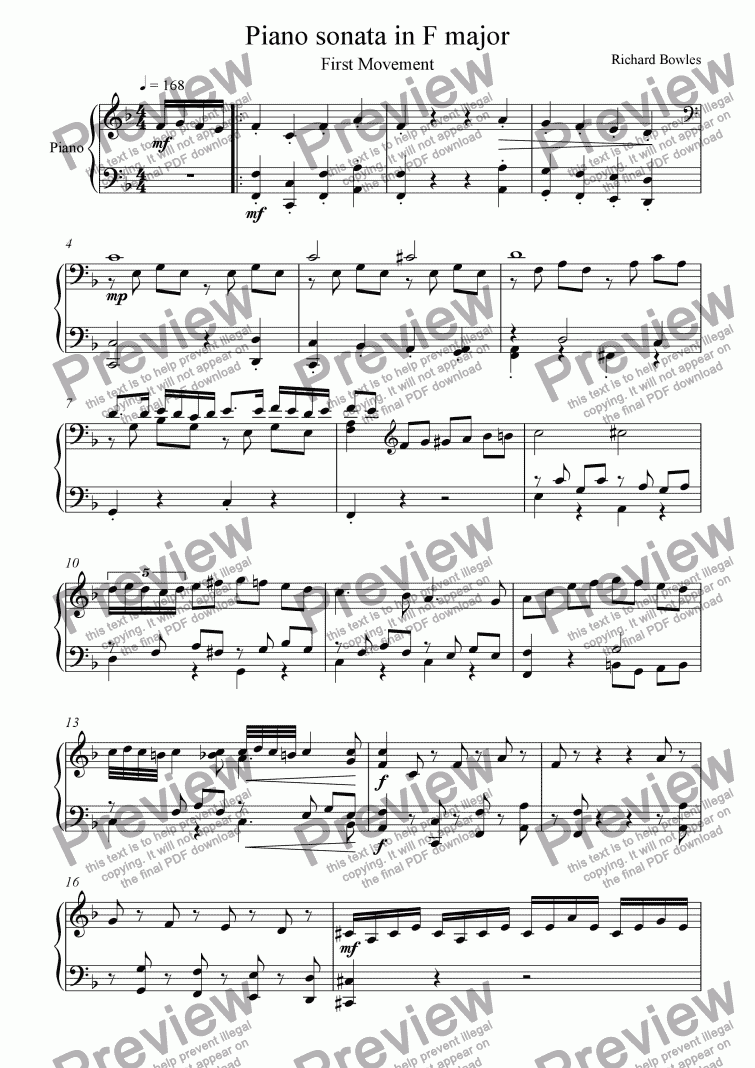 page one of Piano Sonata in F major - First Movement