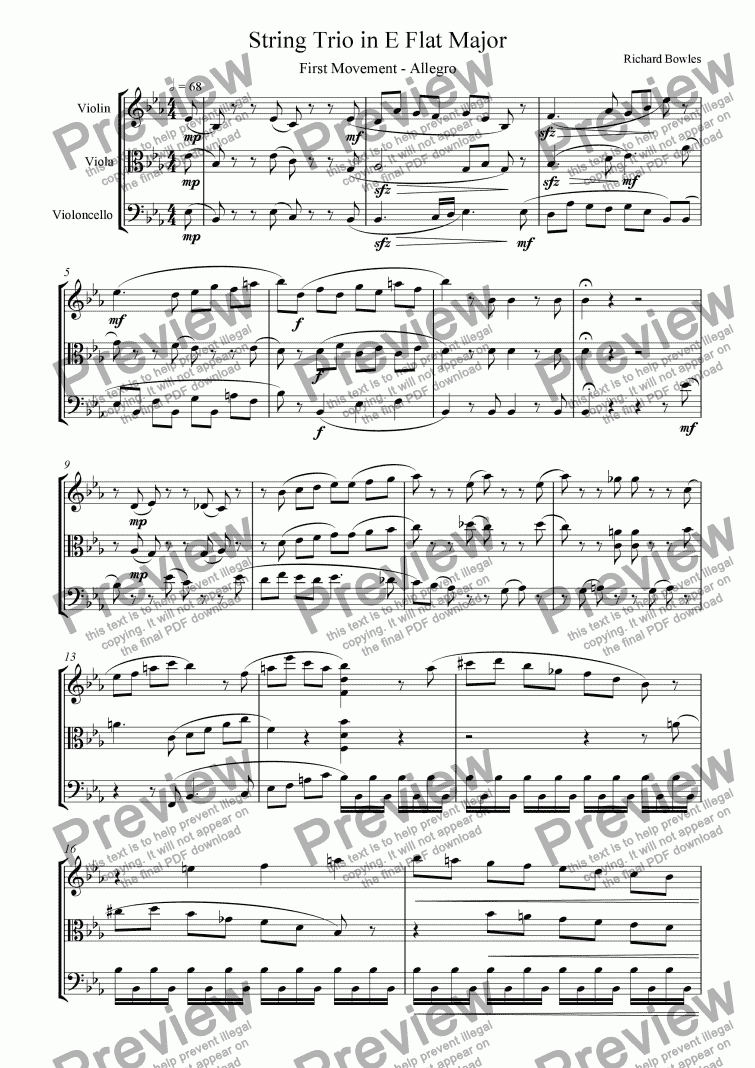 page one of String Trio in E flat major - First Movement