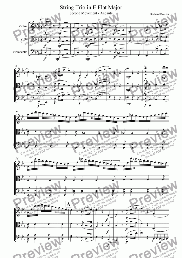 page one of String Trio in E flat major - Second Movement