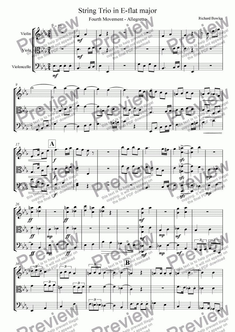 page one of String Trio in E flat major - Fourth Movement