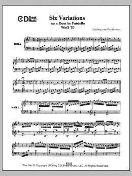 page one of Variations (6) On A Duet By Paisiello, Woo 70 (Piano Solo)