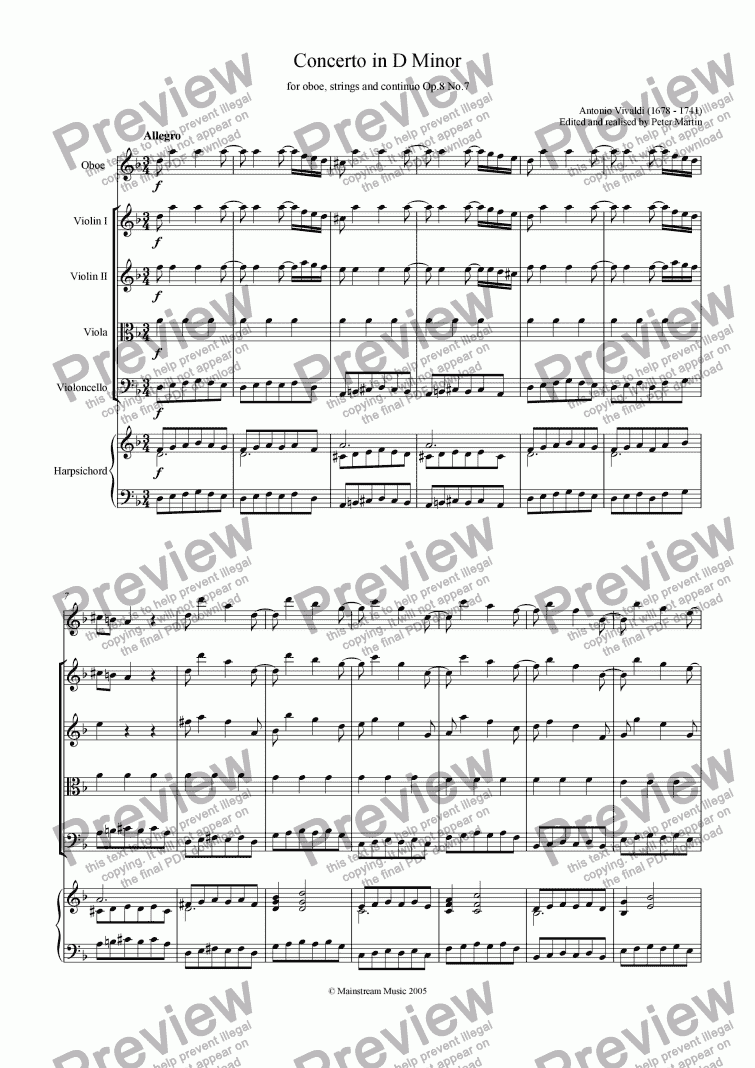 page one of Concerto in D Minor for oboe, strings & continuo Op.8 No.7