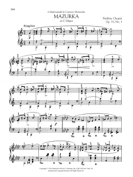 page one of Mazurka in C Major, Op. 33, No. 3 (Piano Solo)
