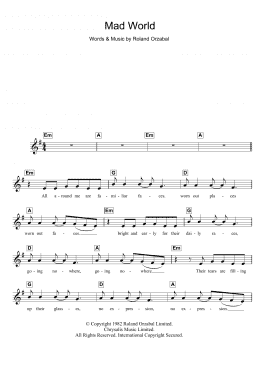 page one of Mad World (from Donnie Darko) (Piano Chords/Lyrics)