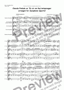 page one of Chorale Prelude on 'Es ist ein Ros' entsprungen' arr for Saxophone Quartet