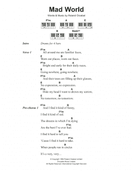 page one of Mad World (from Donnie Darko) (Piano Chords/Lyrics)