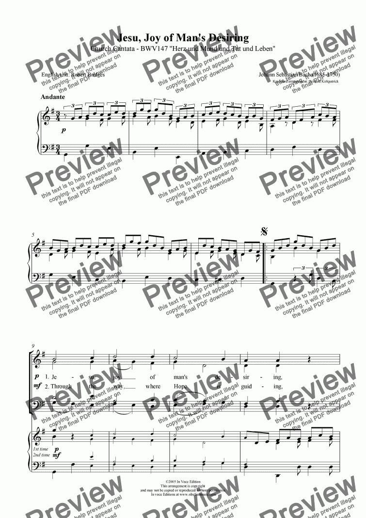 page one of Jesu, Joy of Man’s Desiring - Download Vocal Score -SATB/Keyboard
