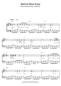 page one of Behind Blue Eyes (Beginner Piano (Abridged))