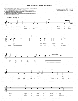 page one of Take Me Home, Country Roads (Easy Lead Sheet / Fake Book)