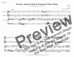 page one of Overture from Suite in D from the Water Music for Two D Trumpets  & Harpsichord (Pro-version)