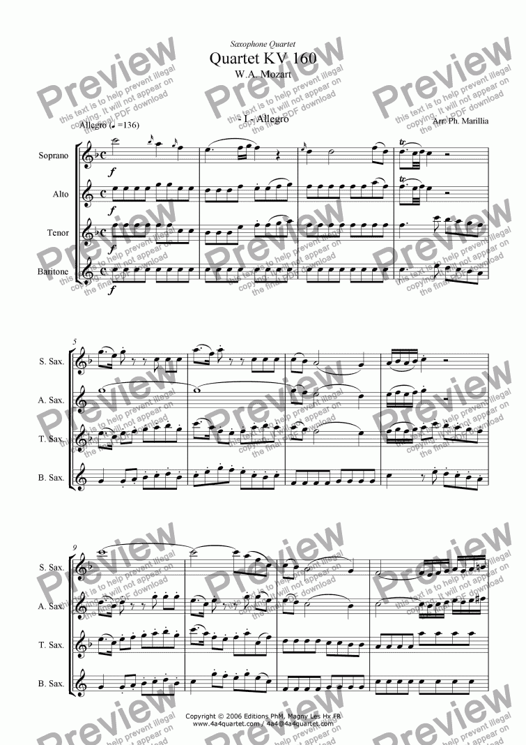 page one of Mozart - Quartet KV 160 for Sax Quartet