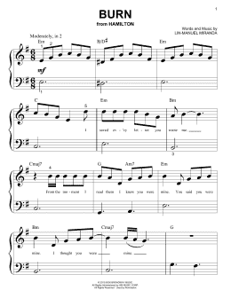 page one of Burn (from Hamilton) (Big Note Piano)