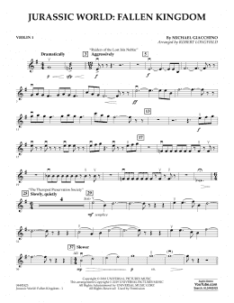 page one of Jurassic World: Fallen Kingdom (arr. Robert Longfield) - Violin 1 (Orchestra)