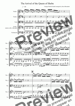 page one of Arrival of the Queen of Sheba for String Quartet