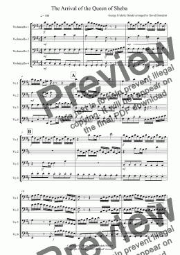 page one of Arrival of the Queen of Sheba for Cello Quartet