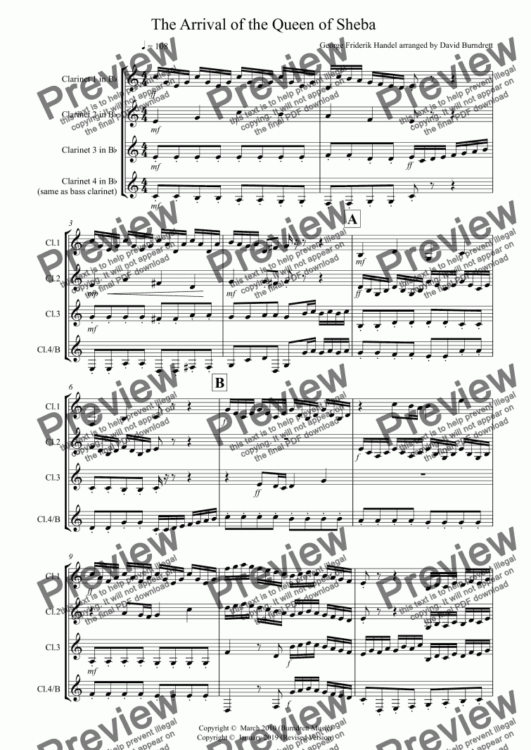 page one of Arrival of the Queen of Sheba for Clarinet Quartet