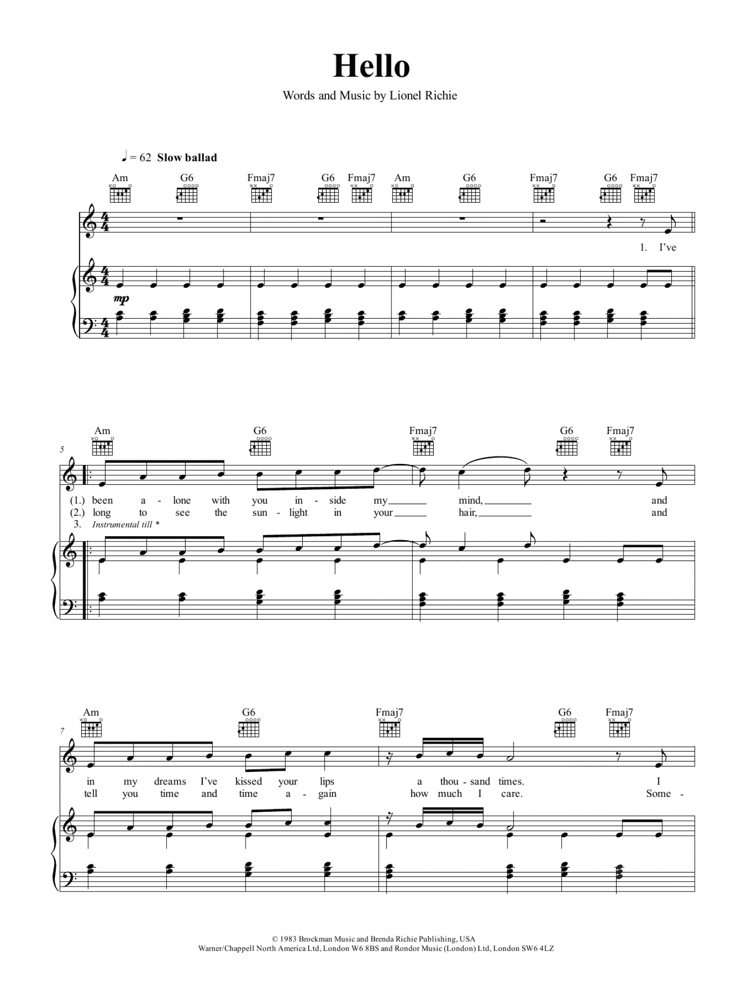 Hello (Piano, Vocal & Guitar Chords (Right-Hand Melody))