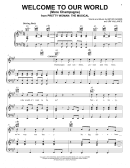 page one of Welcome To Our World (More Champagne) (from Pretty Woman: The Musical) (Piano, Vocal & Guitar Chords (Right-Hand Melody))