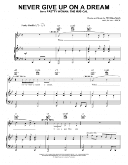 page one of Never Give Up On A Dream (from Pretty Woman: The Musical) (Piano, Vocal & Guitar Chords (Right-Hand Melody))