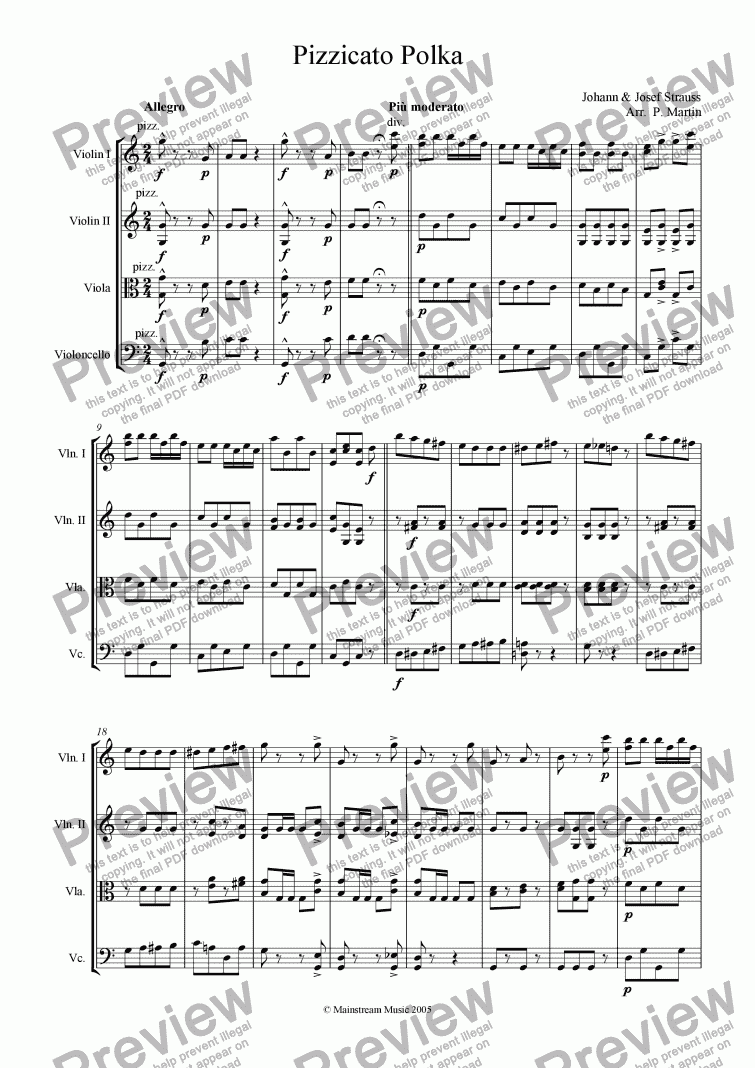 page one of Pizzicato Polka - String Quartet