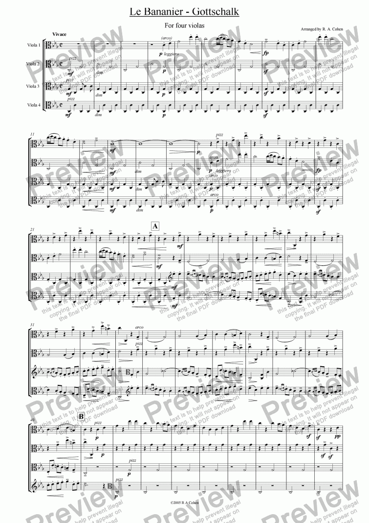page one of Gottschalk - LE BANANIER - for viola quartet