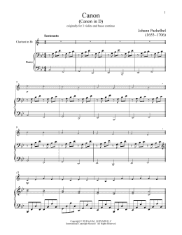 page one of Canon In D (Clarinet and Piano)
