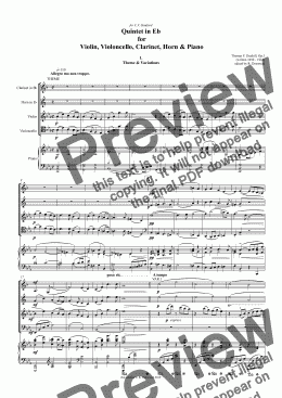 page one of Dunhill - Quintet in Eb. Op.3,  for  Violin, Violoncello, Clarinet, Horn & Piano (original scoring in new corrected edition). Price includes 39 page score and all parts. 