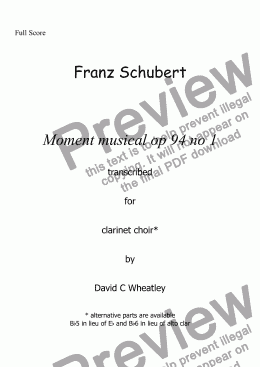 page one of Schubert - Moment Musical op 94 no 1 transcribed for clarinet choir by David Wheatley