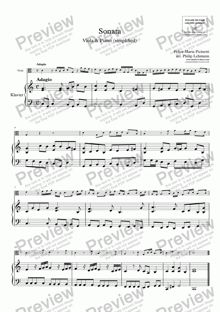 page one of Picinetti, F.M. - Sonata in C - for Viola (orig.) & Piano (simplified)