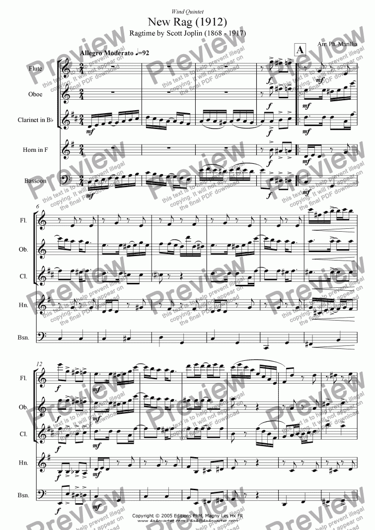 page one of Joplin - New Rag (Wind Quintet)