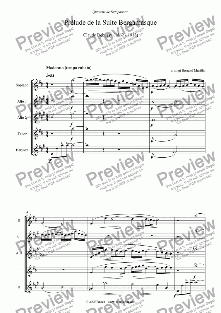 page one of Debussy - Pr�lude de la Suite Bergamasque (Sax Quintet)