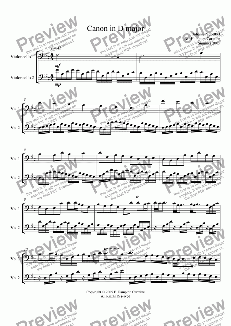 page one of Canon in D Major