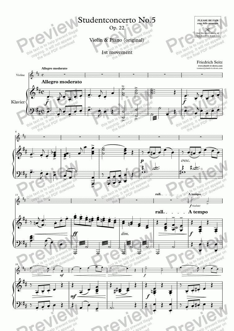 page one of Seitz, F. - Pupil’s Concerto No.5, Op.22; 1st mov. - for Violin & Piano (orig.)