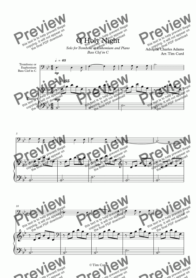 page one of O Holy Night. For Solo Trombone/Euphonium in C (bass clef) and Piano