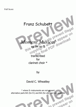 page one of Schubert - Moment Musical op 94 no 5 transcribed for clarinet choir by David C Wheatley