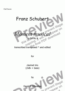 page one of Schubert - Moment musical op 94 no 4 transcribed for 2Bb and bass clarinets by David C Wheatley