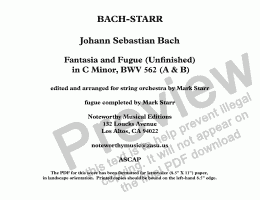 page one of J. S. BACH - MARK STARR; FANTASIA AND FUGUE in C Minor; BWV  562 - UNFINISHED/COMPLETED